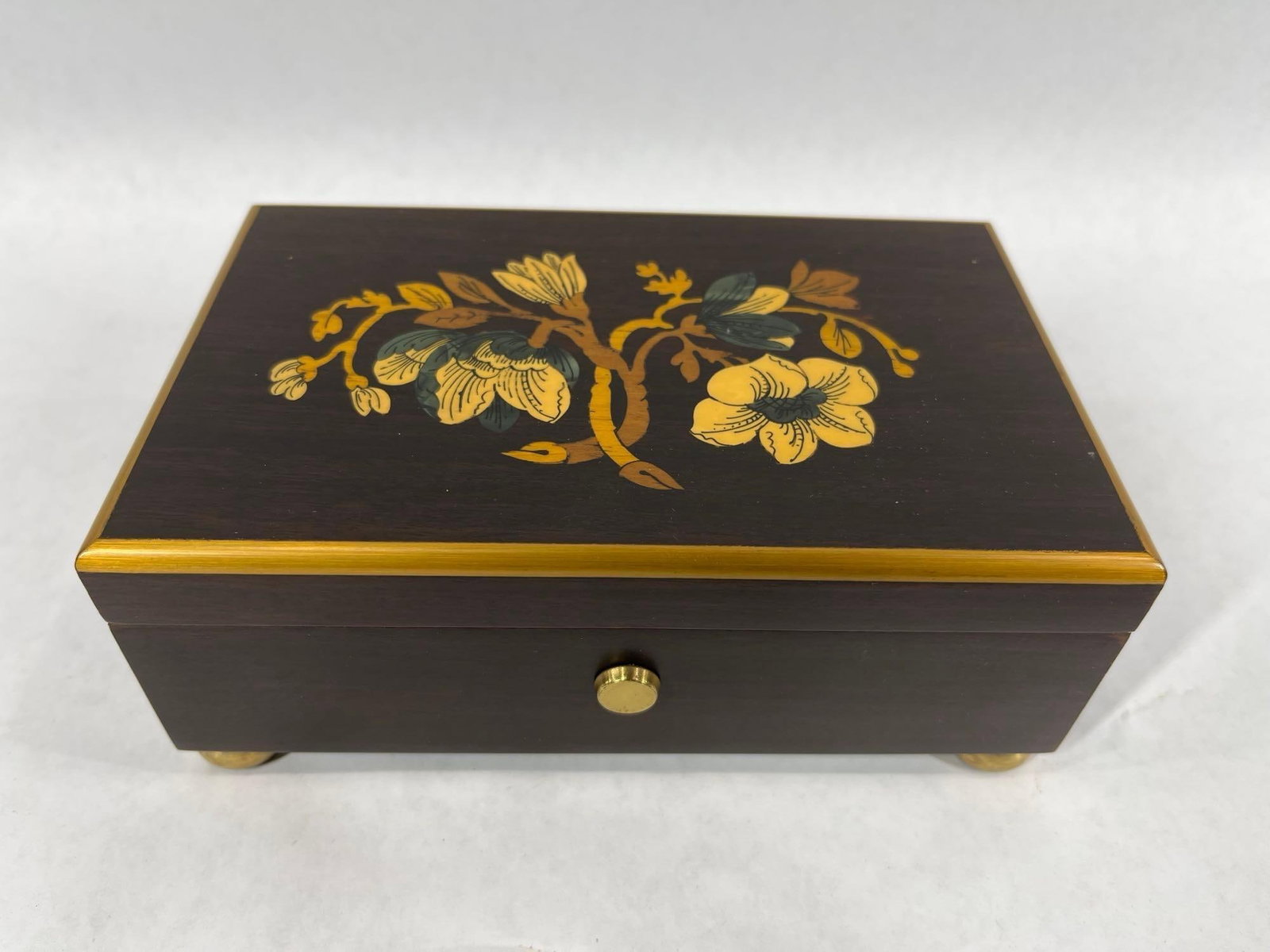 Original Swiss Cylinder Music Box w Floral Inlaid: Key wind, playing Song of Weggis, After the rain, Sunshine. 7x4x2.5. Coes in original box.