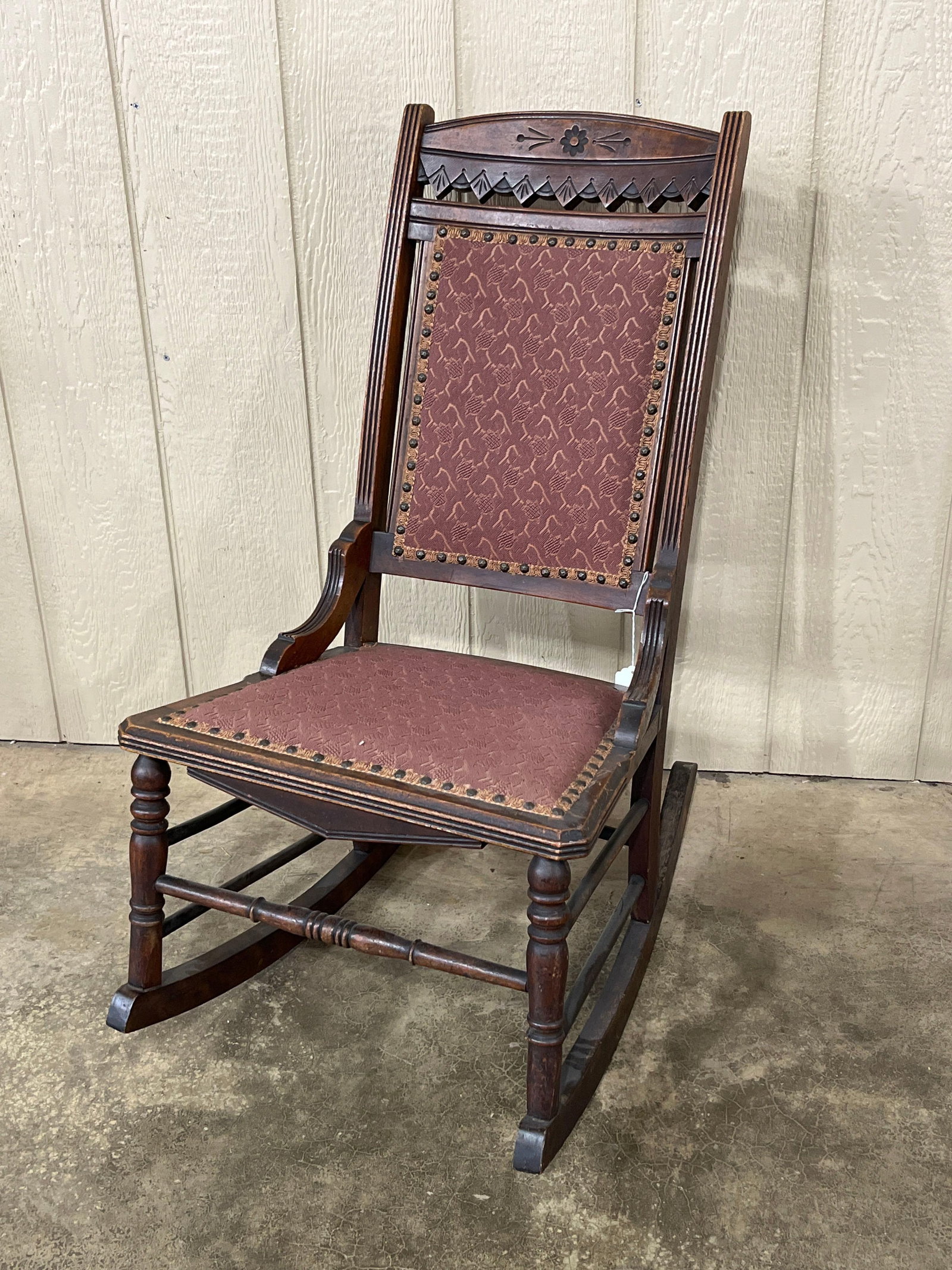 East Lake Carved Rocker: Floral and ray designs with a clean upholstered seat. 35 inches from floor to back of seat