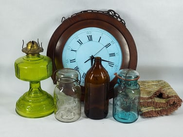 Double Sided Clock, Oil Lamp & Glass Jars