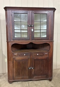 Late 1800s Walnut 2pc 12-pane Corner Cupboard