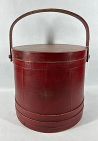 Large red painted firkin bucket
