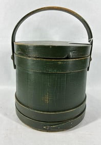 Primitive green painted firkin bucket