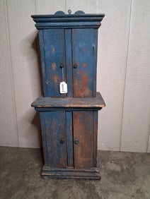 Excellent Early Blue Painted Childs Stepback Cabinet