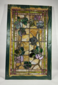 Early 1900s Floral & Vine Decorated Stained Glass Window