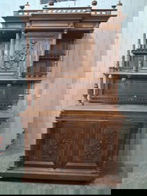 Fancy Carved Oak 19th c 2pc French Renaissance Style Sideboard