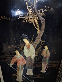 Chinese/Asian 4-panel Room Divider w/raised soapstone figures