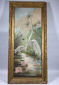 Early 1900s Oil on Canvas Egrets in River painting