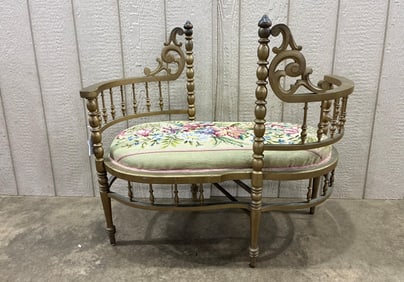 Vintage Courting Bench/Tete-A-Tete w/Needlepoint seat