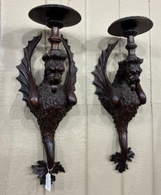 Impressive Handcarved Black Walnut Griffin Candle Sconces