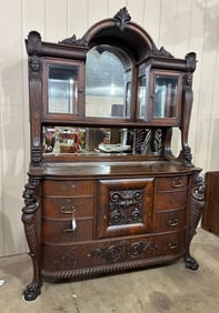 19th century Carved Oak 2pc Mirrored Sideboard