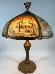 Beautiful Arts & Crafts Lamp w/Rare Winter Scene Shade