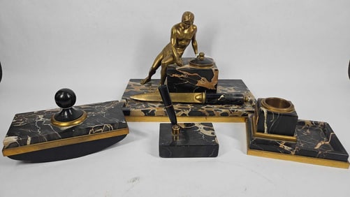 Art Deco Peter Behrens 5pc Desk Set of Gilt Bronze & Belgium Marble