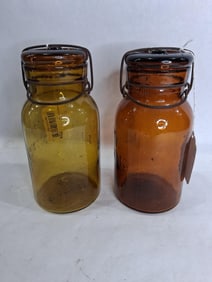 2-Trade Mark Lightning Putnam Light & Dark Amber Fruit Jars