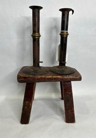 Pair of Hog Scraper Candlesticks & Small Mortised Bench