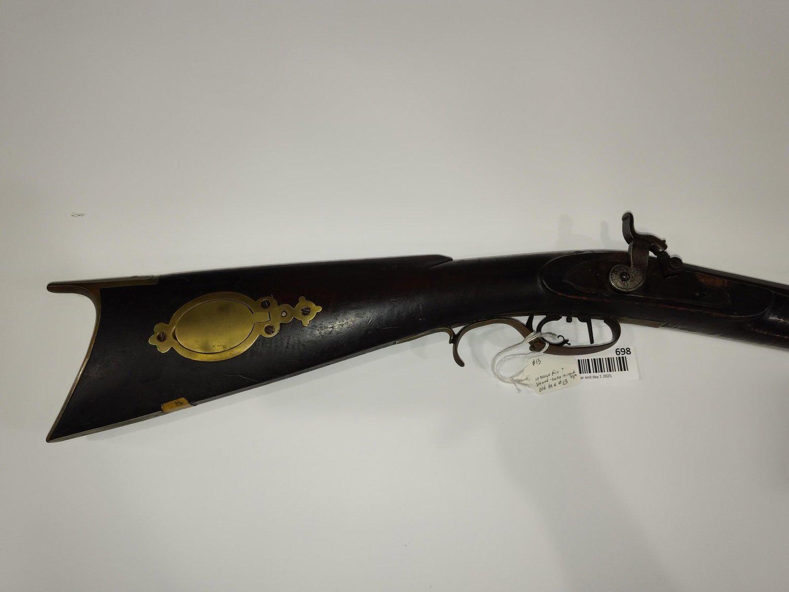 Logan & Kennedy Pittsburgh Fullstock Long Rifle: Early Tiger Maple fully stocked rifle, possibly Jack Palmer?? Receiver is marked Logan & Kennedy Pittsburgh, no markings found on barrel. With brass patch box, crescent moon butt plate and trigger