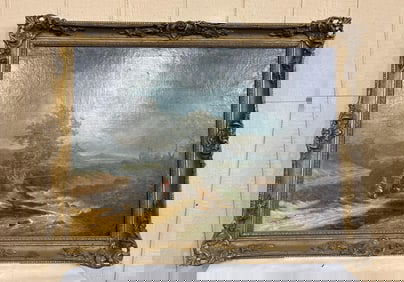 Early Oil on Canvas Painting of Soldiers on Riverbank