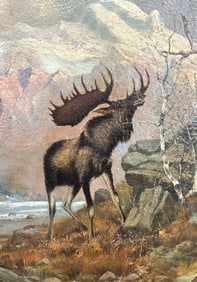 Impressive 1902 H.H. Cross Moose Painting on Canvas