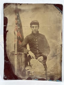 Special Civil War Soldier American Flag Tin Type Photo