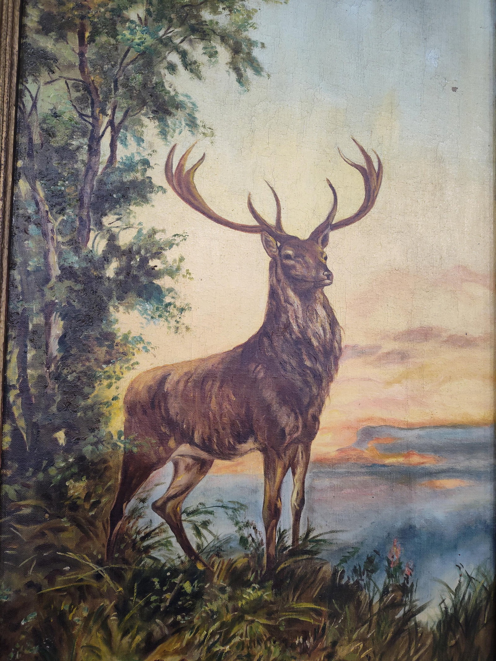 Iconic Stag Oil on Canvas Painting by Fra Luca: Shows a small spot of paint wear and little right of Antlers and shows some age crackling but with great graphics and vivid colors!! Artist signed Fra Luca. 19.5in x 40.5in.