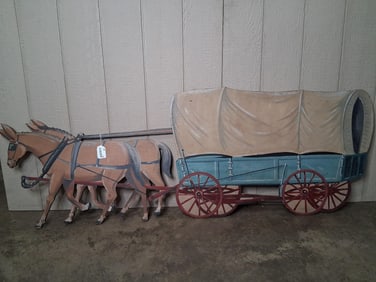 Wooden Covered Wagon w/Mules hand-painted sign
