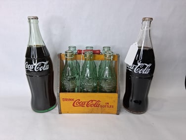 Coca-Cola wooden 6-pack & 2- Coca-Cola 26oz unopened bottles