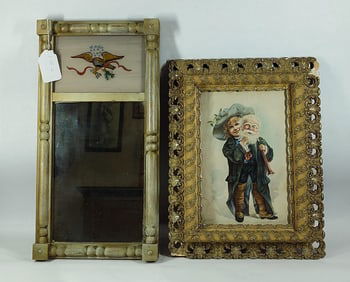 Reverse glass painted Eagle mirror & Little Santa Claus print