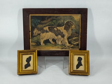 1848 Currier Spaniel print & 2- Early Silhouette Portraits