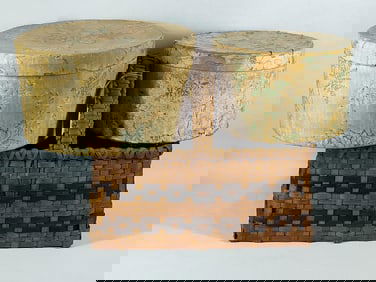 Primitive woven basket & 2 Wallpaper covered boxes