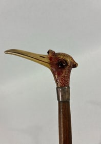 Early carved Antler Bird Head Cane w/ Sterling band