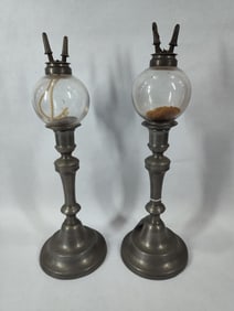 Pair of Pewter Candlesticks w/Blown Glass Peg Lamps