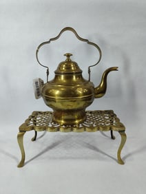 18th c Dutch Brass Teapot with Brass Hearth Footman