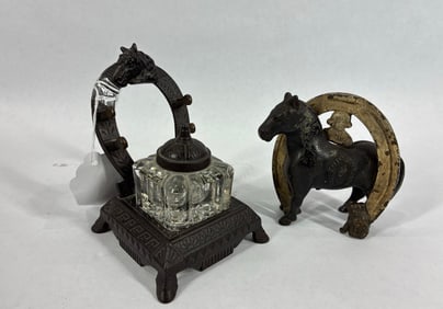 Cast iron Goodluck Horse Bank & Horseshoe Inkwell