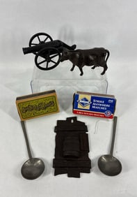 Cast iron Cow Bank, Cannon, Match Holder & 2-early Pewter Spoons