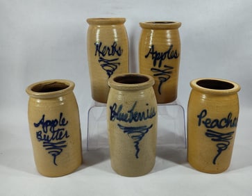 5- Decorated Tornado stoneware Fruit Jars