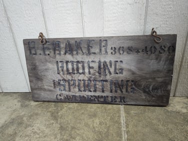 B.F. Baker Roofing Spouting Carpenter carved sign