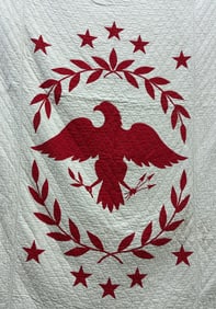 1920s Patriotic Red and White Star and Eagle Hand Stitched Quilt