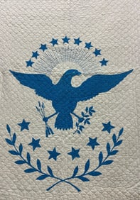 1920s Patriotic Blue and White Star and Eagle Hand Stitched Quilt