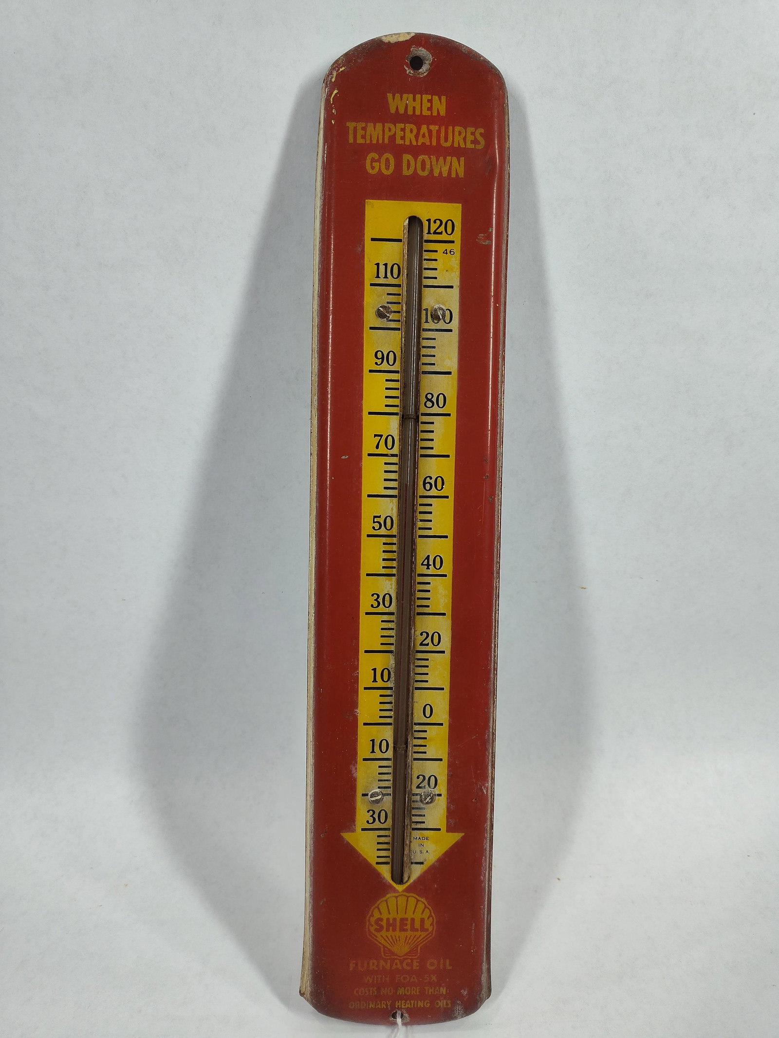 Shell Furnace Oil metal thermometer: Shows some old paint remnants along edges. Seems to be accurate. 3.25in x 16.5in.