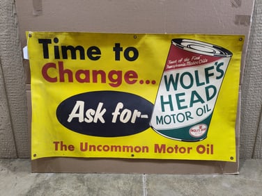 Wolf's Head Motor Oil card stock banner
