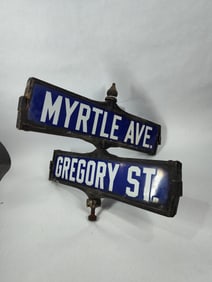 1930s Myrtle Ave, Gregory St porcelain street sign
