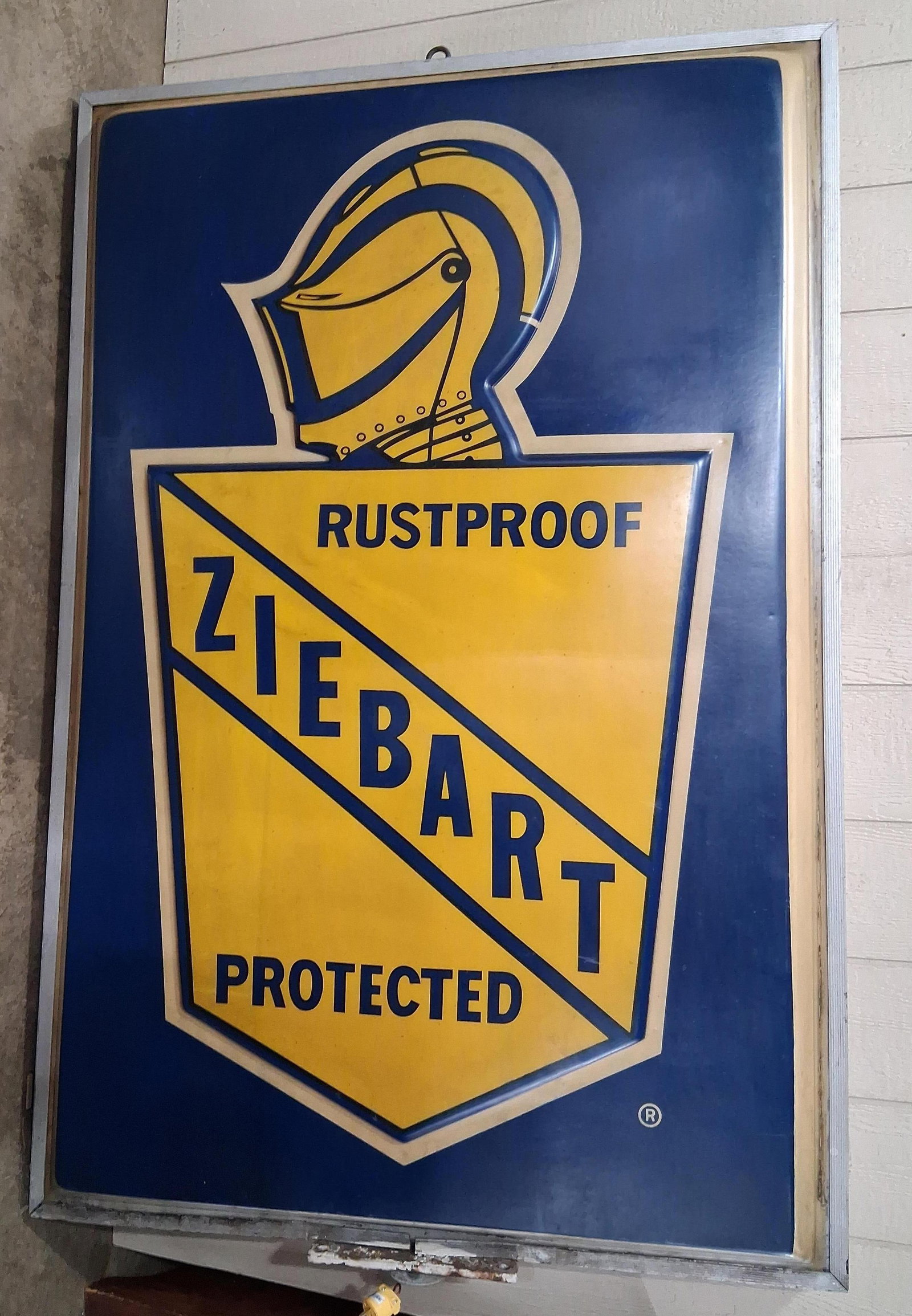Large Ziebart Rustproof Protected Dualite sign: Large 1-sided embossed acrylic sign with aluminum can. 48in x 72.5in.