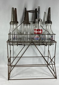 8- Various 1qt glass oil bottles with carrier & stand