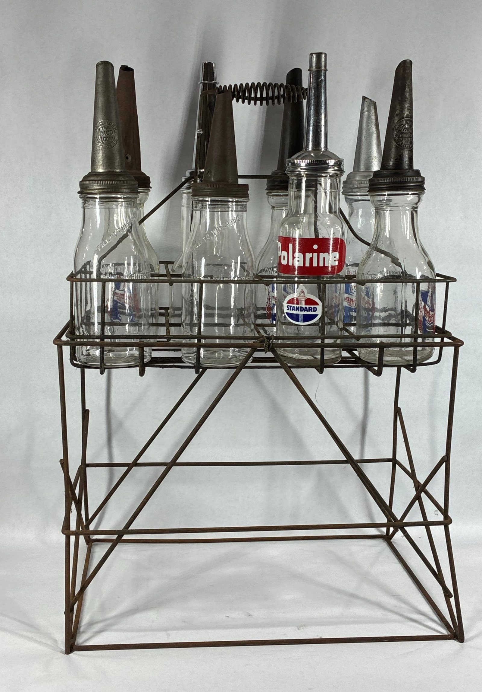 8- Various 1qt glass oil bottles with carrier & stand (1 of 12)