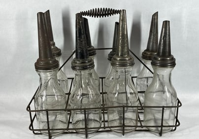8- Various 1qt glass oil bottles with carrier