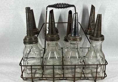 8- Various 1qt glass oil bottles with carrier