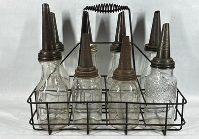 8-Various glass 1qt oil bottles with carrier