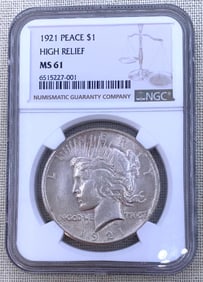 NGC Graded 1921 Silver Peace Dollar High Relief Key Date Sealed Coin