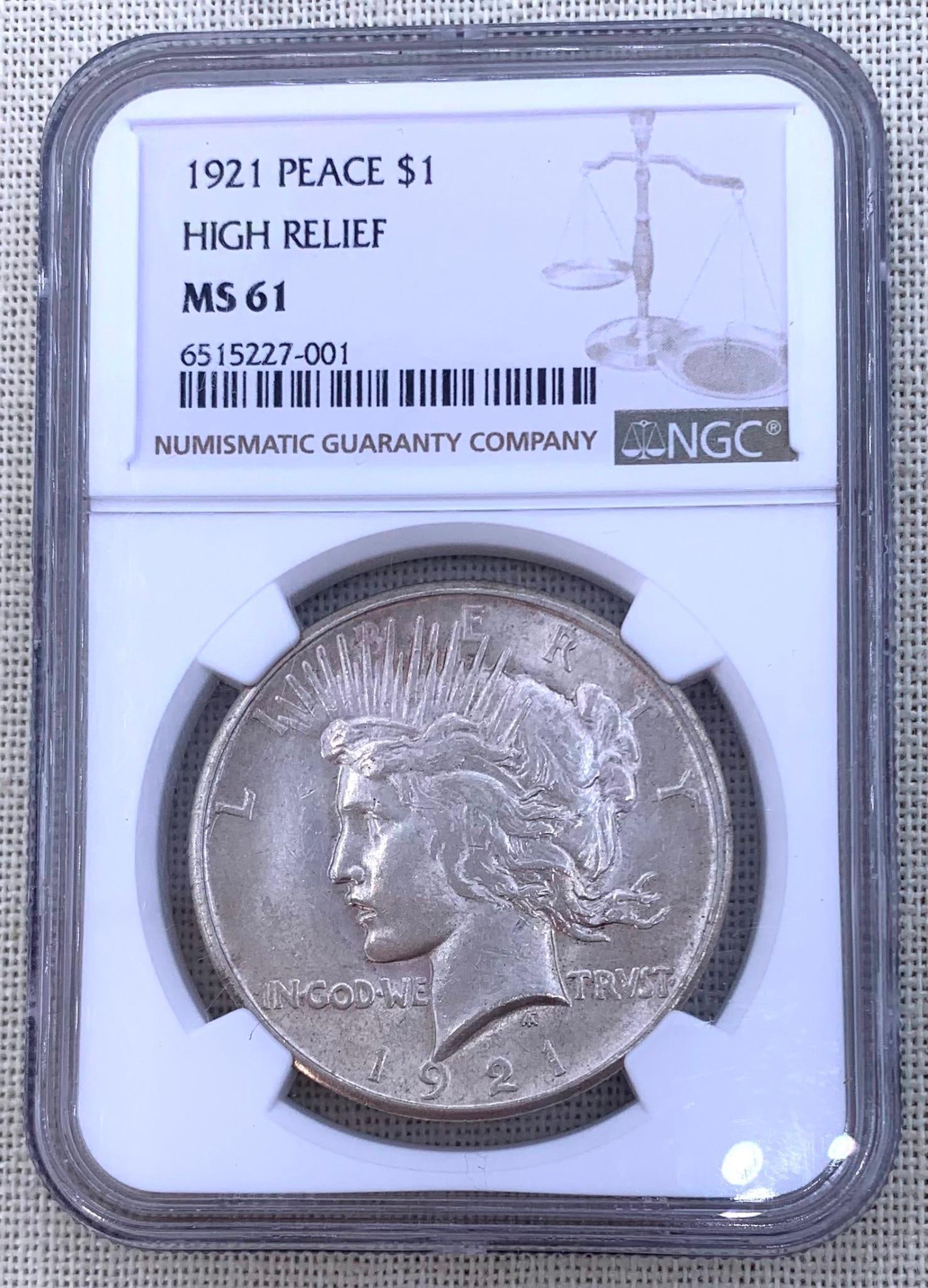 NGC Graded 1921 Silver Peace Dollar High Relief Key Date Sealed Coin