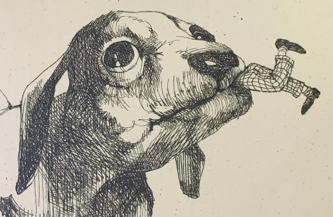 1972 Charles Bragg Man's Best Friend Quirky Vintage Dog Lithograph Artwork: Printed in USA at upper right, mounted on paperboard, Quiddities #530 Charles Bragg Thought Factory California paper snippets on the rear, 24 1/4" x 15 5/8".