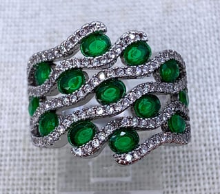 Radiant Sterling Silver, Created Emeralds & Sparkling CZ Cocktail Ring